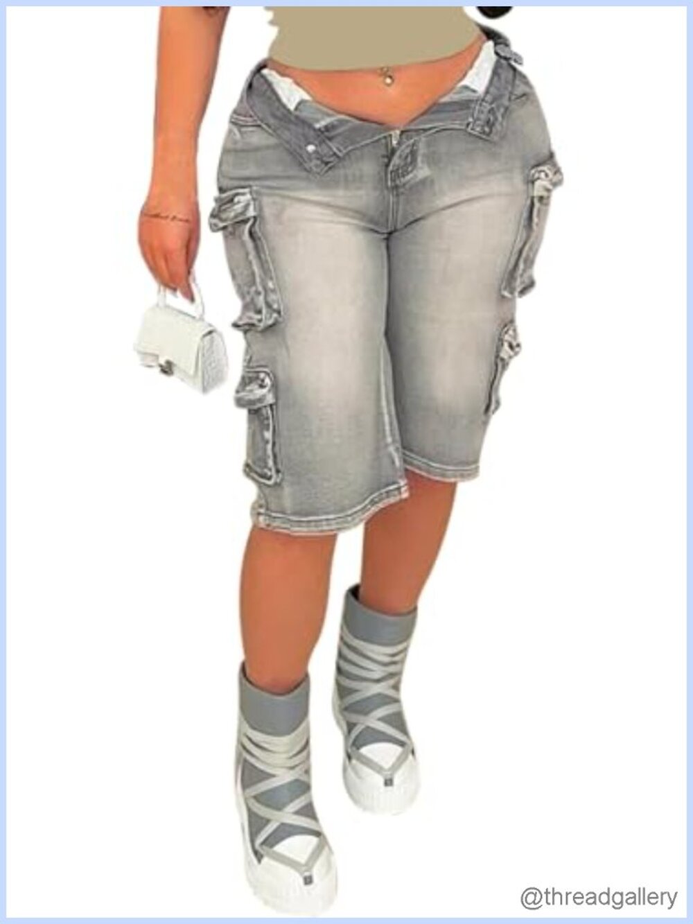 High Waisted Cargo Denim Shorts for Women Knee Length Baggy Bermuda with Pockets